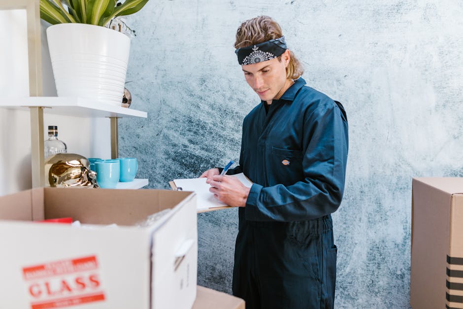 A professional mover wearing a dark blue uniform and a black bandana with white patterns is inside a room, standing next to a cardboard box filled with packing materials. The mover is writing on a clipboard held in his left hand, appearing to check or record information about the contents. Behind him, there is a white shelf with decorative items, including a white ceramic vase with green foliage, blue cups, and a glass bottle, indicating careful packing and preparation for a house relocation. The room has a textured light blue wall, and natural lighting highlights the scene, which is part of the furniture transport and packing process managed by Man with Van Vauxhall, as they prepare for a house removals service in Lambeth, ensuring proper packing and loading for an efficient move.